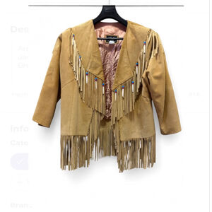 Women's Arella Tan Leather Fringe Jacket with Blue Beads M 3/4 Sleeves